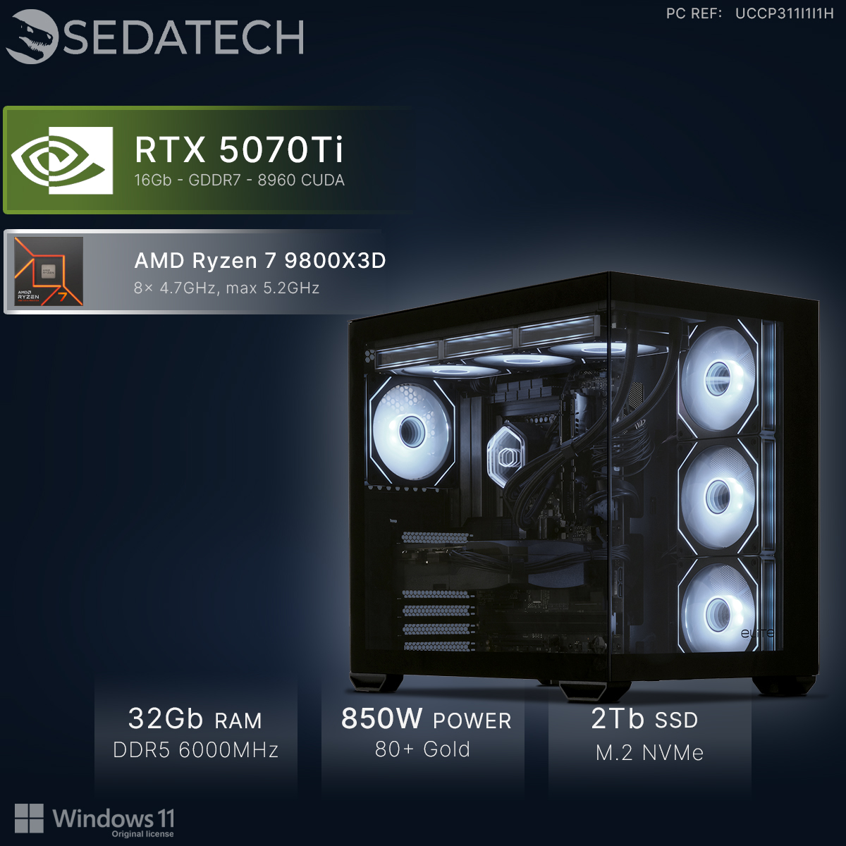 PC Sedatech con RTX 5070Ti, AMD Ryzen 7, 32GB RAM, fuente 850W, SSD 2TB y Windows 11.