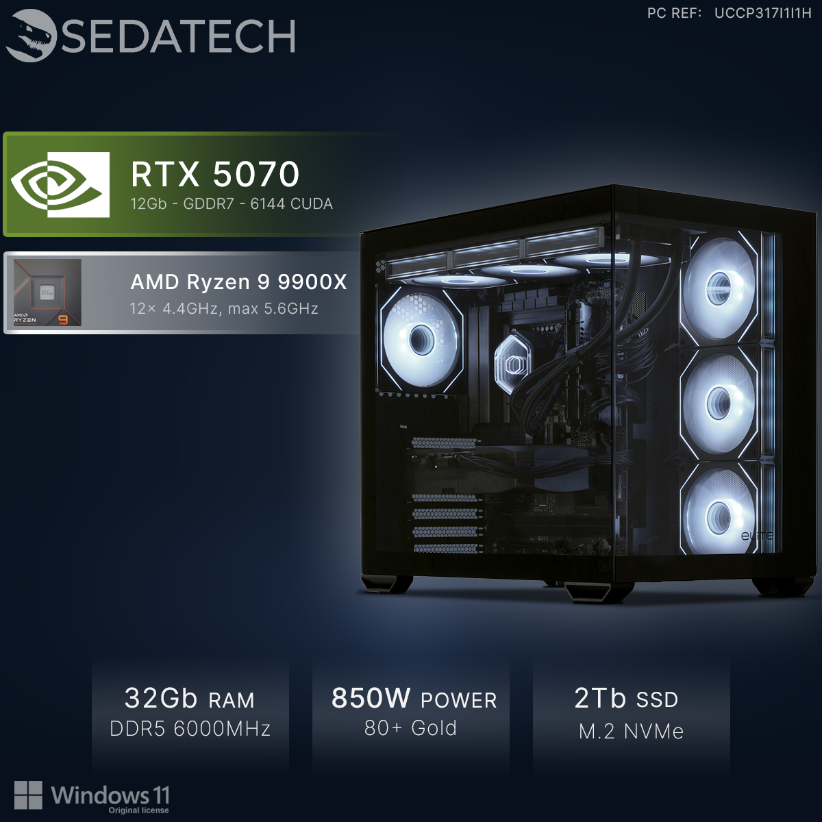 PC Sedatech con RTX 5070, AMD Ryzen 9 9900X, 32GB RAM y caja negra con ventiladores LED blancos.