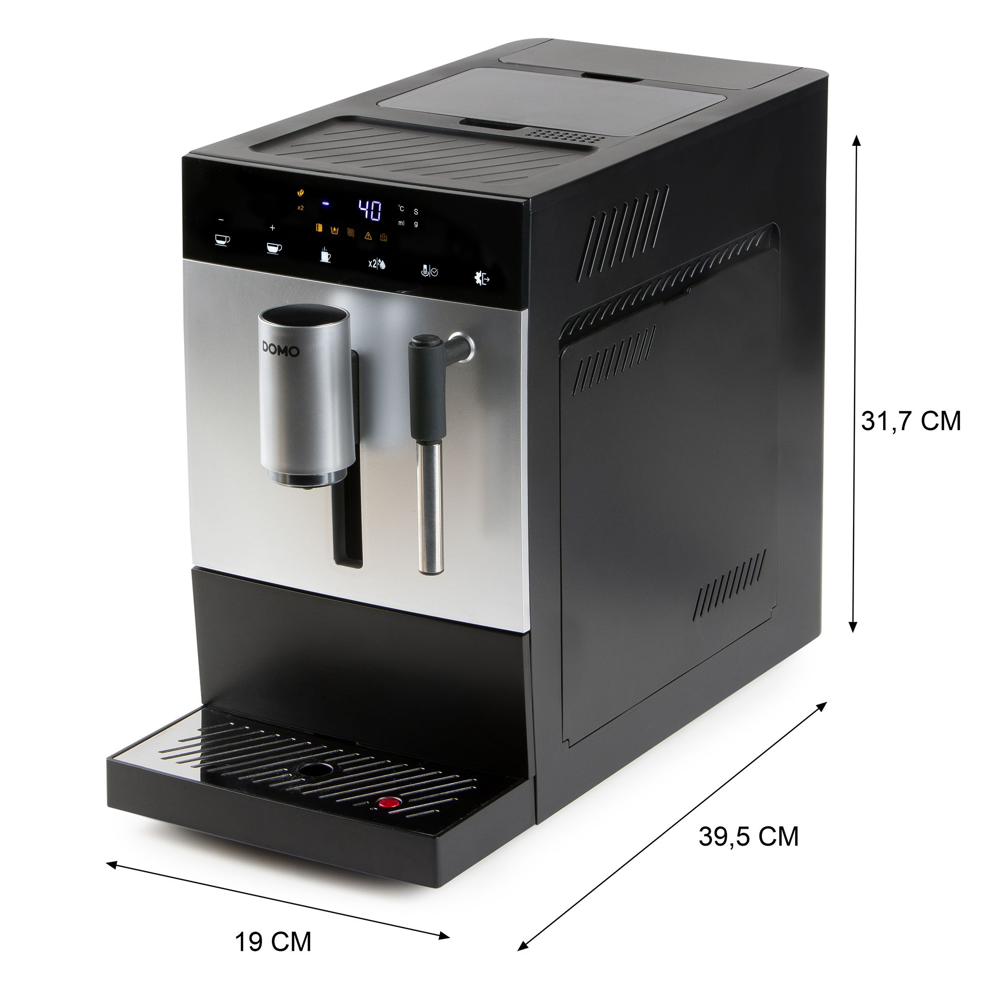 Zwarte en zilveren espressomachine met afmetingen op witte achtergrond.