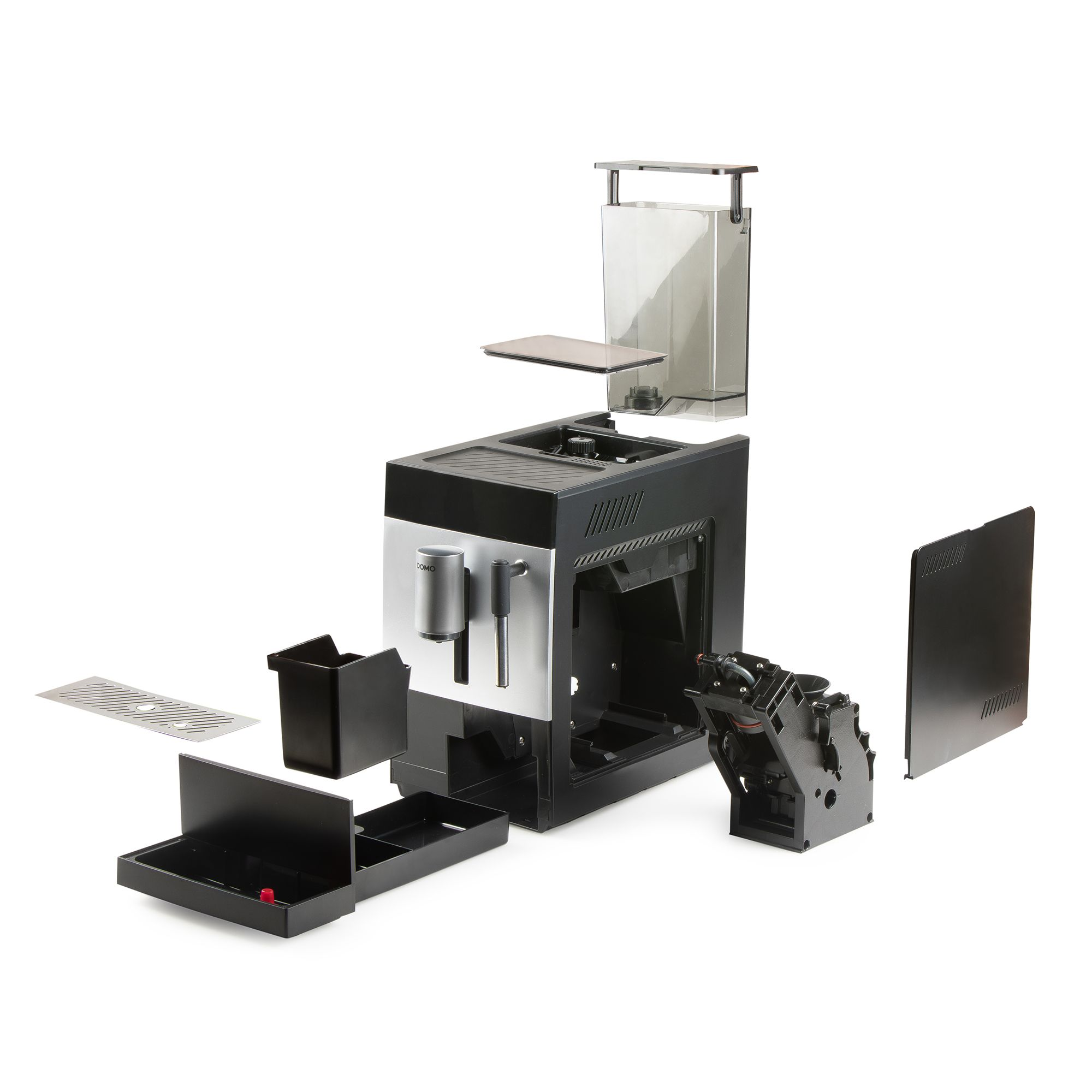 Een opengewerkte weergave van een zwart-zilveren espressomachine toont de gedemonteerde onderdelen op een witte achtergrond.