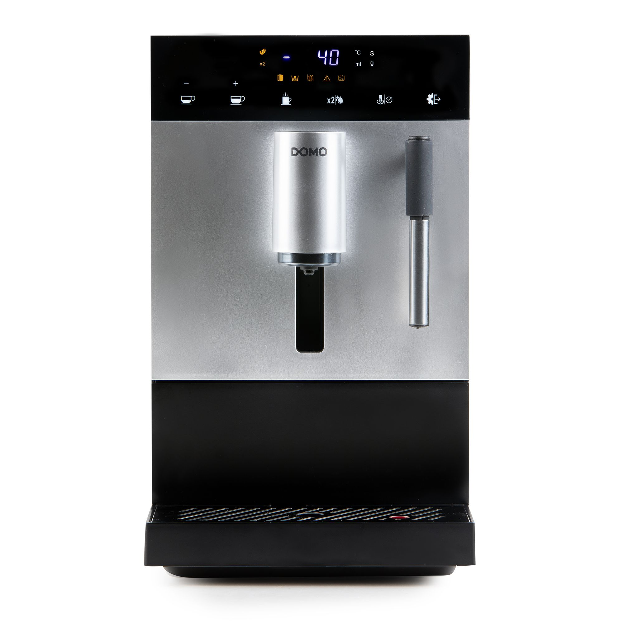 Moderne zwart-zilveren DOMO espressomachine met digitaal display en stoompijpje op een witte achtergrond.