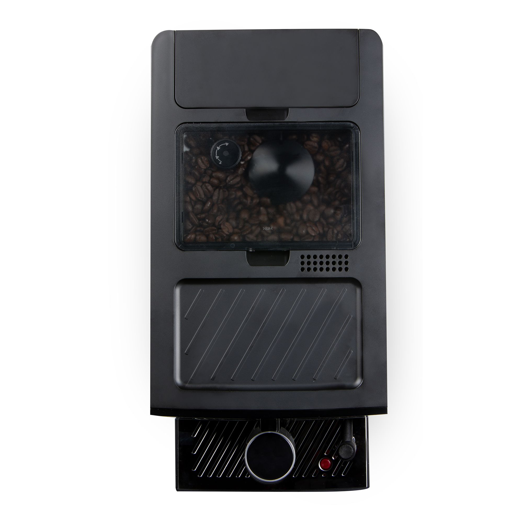 Een bovenaanzicht van een zwarte koffiemachine met zichtbare koffiebonen in een transparant reservoir.