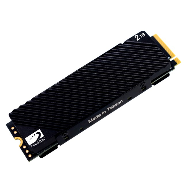 Soğutuculu ve 2 TB kapasiteli siyah TwinMOS M.2 NVMe SSD.
