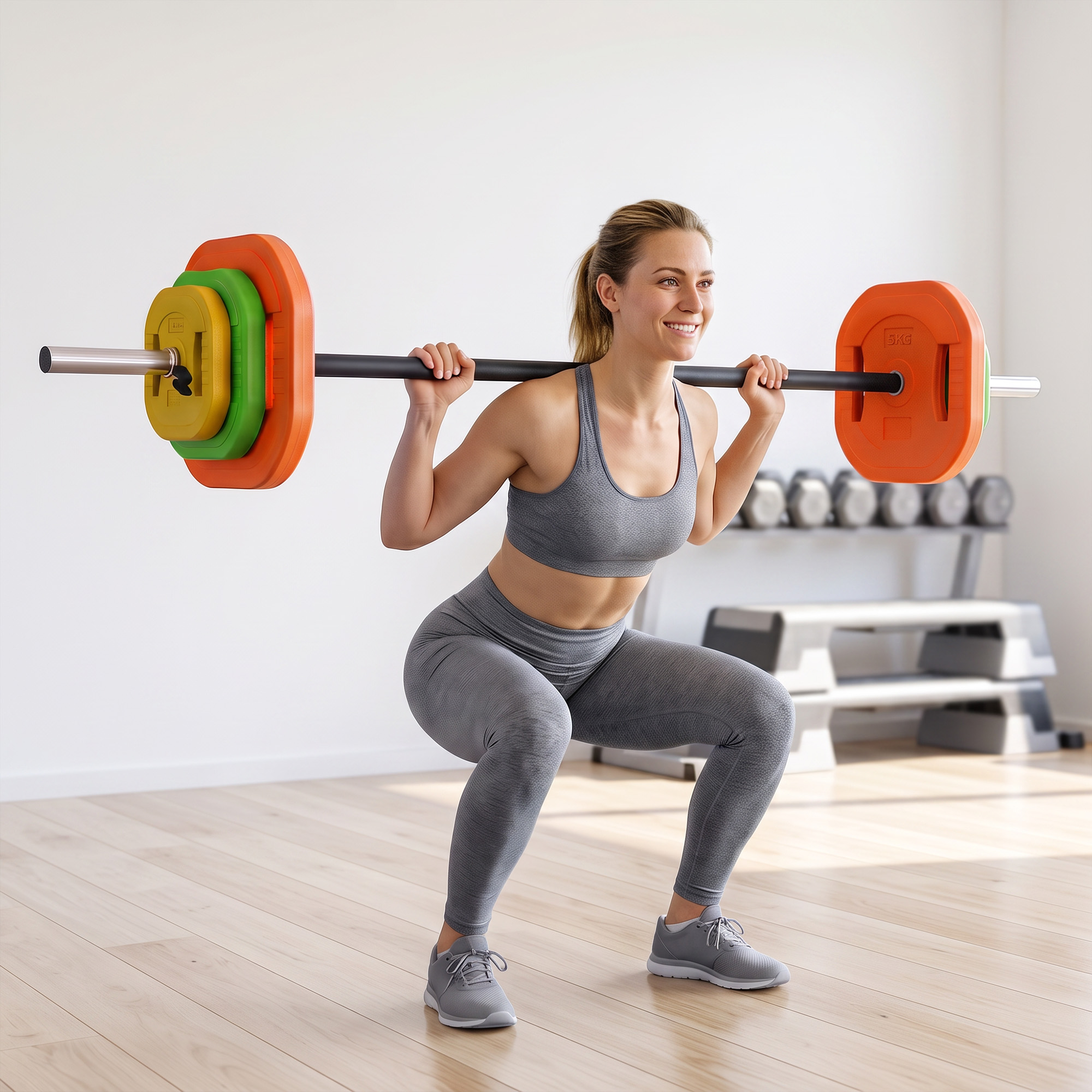 Una mujer con ropa deportiva gris hace sentadillas con una barra con pesas de colores en un gimnasio.