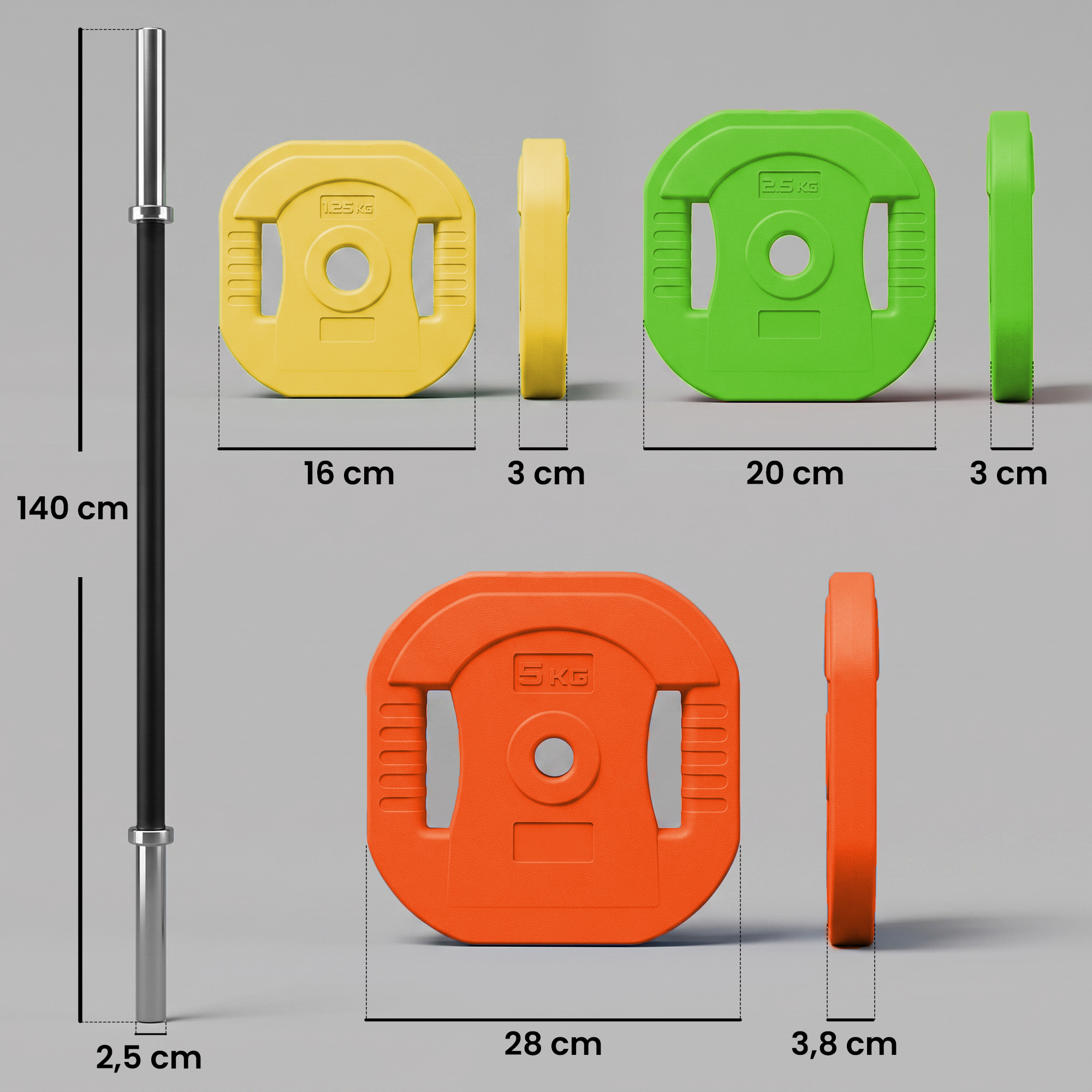 Barra y discos de peso coloridos con etiquetas de dimensiones.