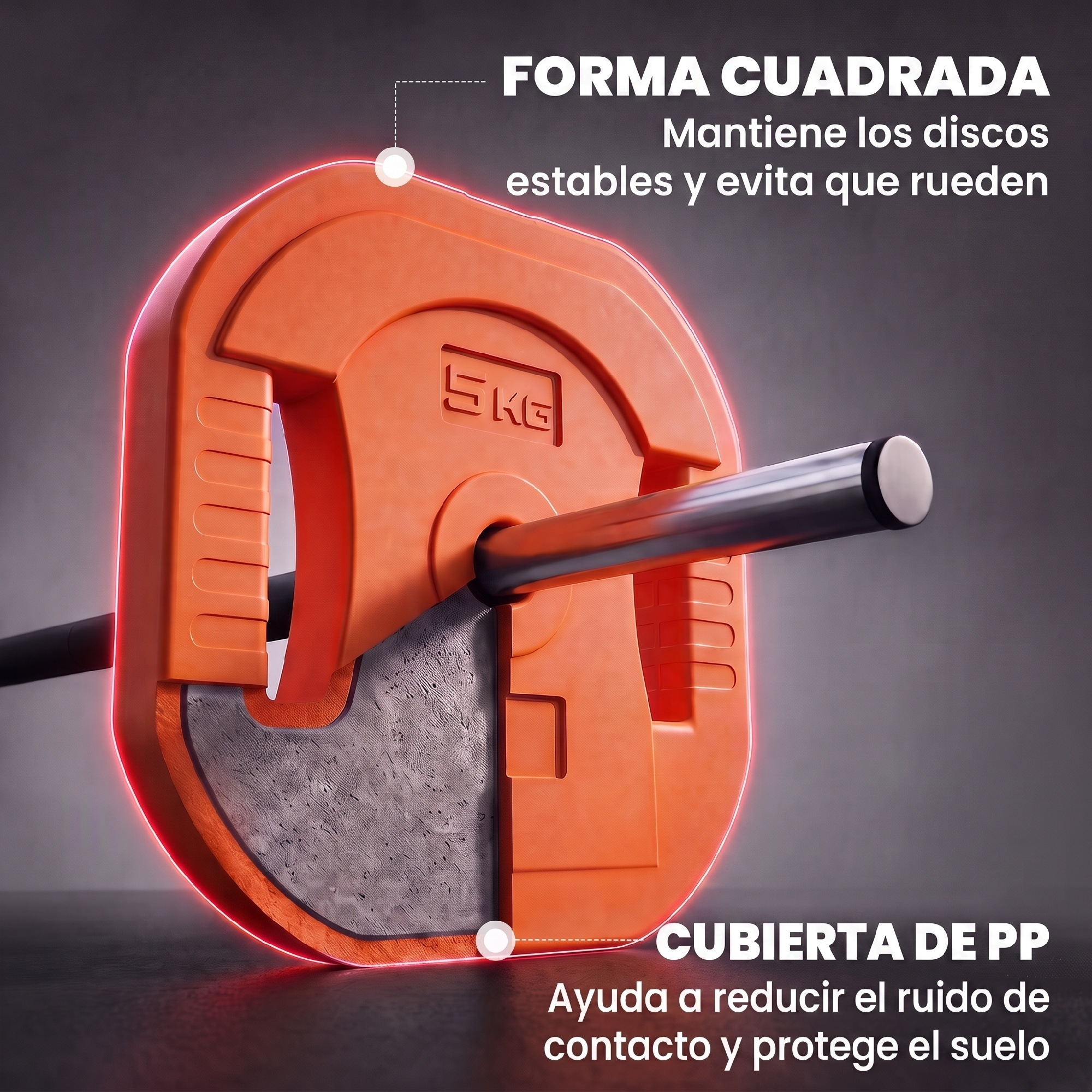 Un disco de barra cuadrado y naranja de 5 kg con cubierta de PP en una barra.