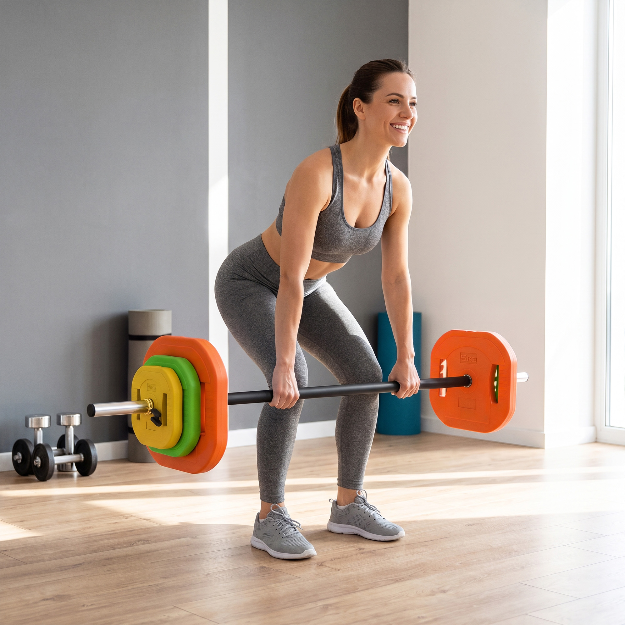 Una mujer sonriente con ropa deportiva gris levanta una barra con discos coloridos en un gimnasio.