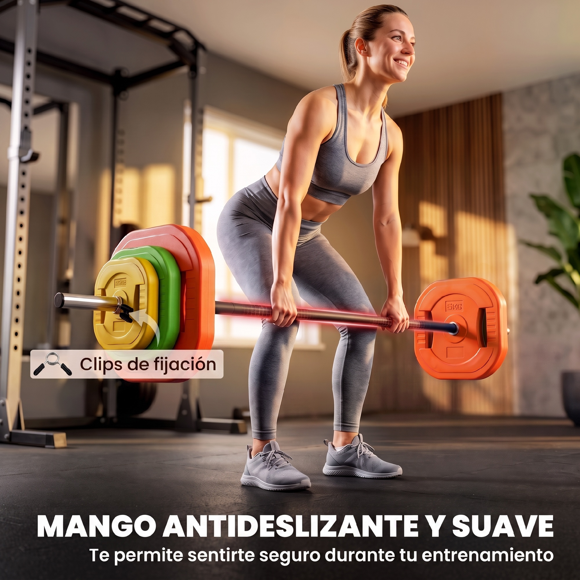 Una mujer con ropa deportiva levanta una barra con discos de colores en un gimnasio.