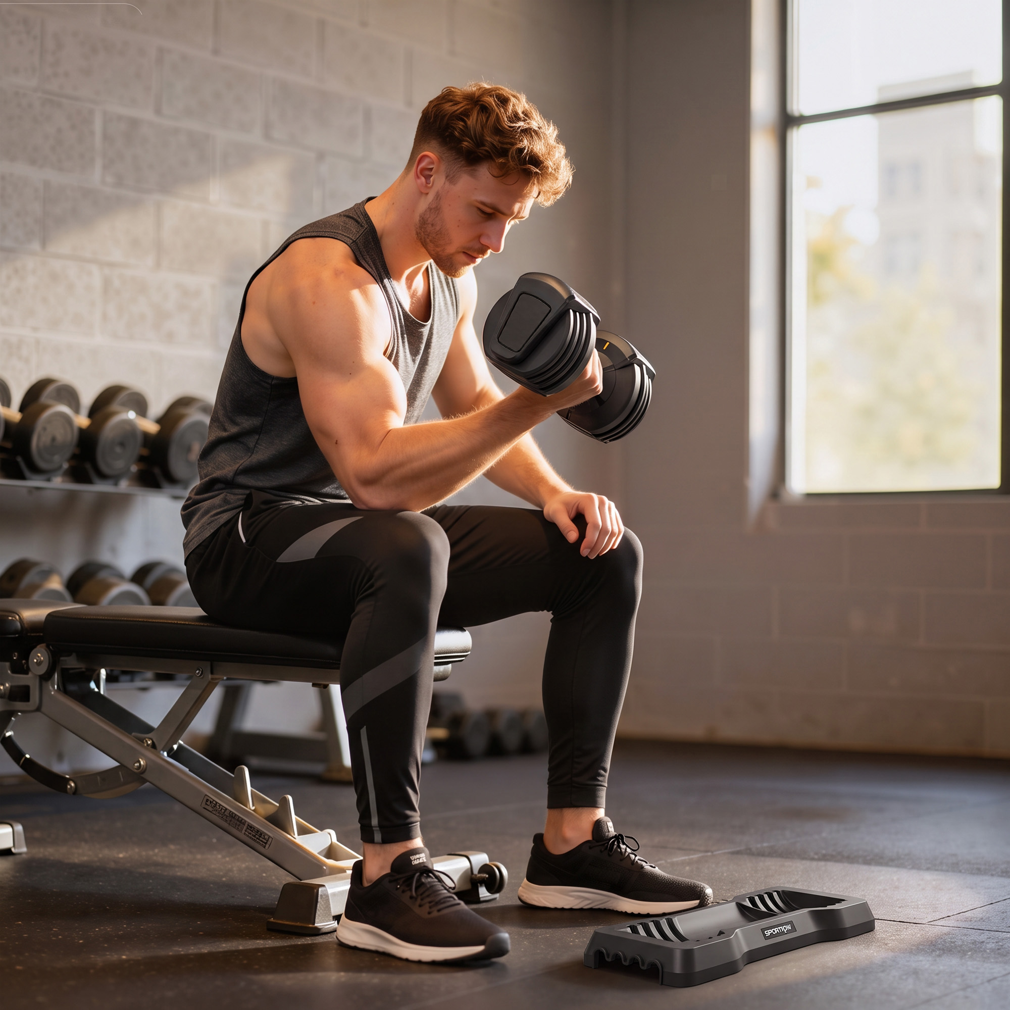 Un joven en el gimnasio se sienta en un banco de entrenamiento y levanta una mancuerna pesada.