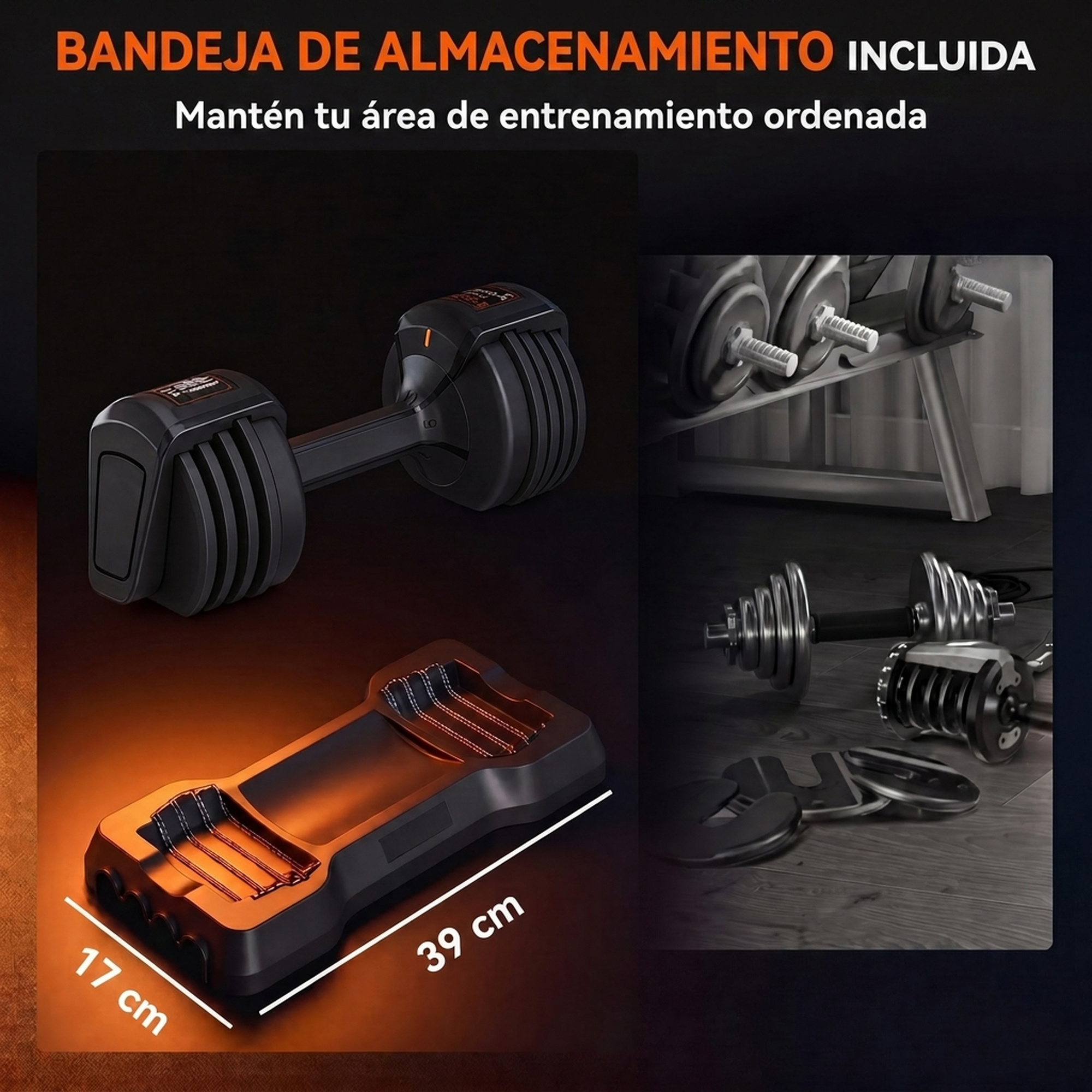 Mancuerna ajustable con bandeja de almacenamiento, 39x17 cm, en un gimnasio.
