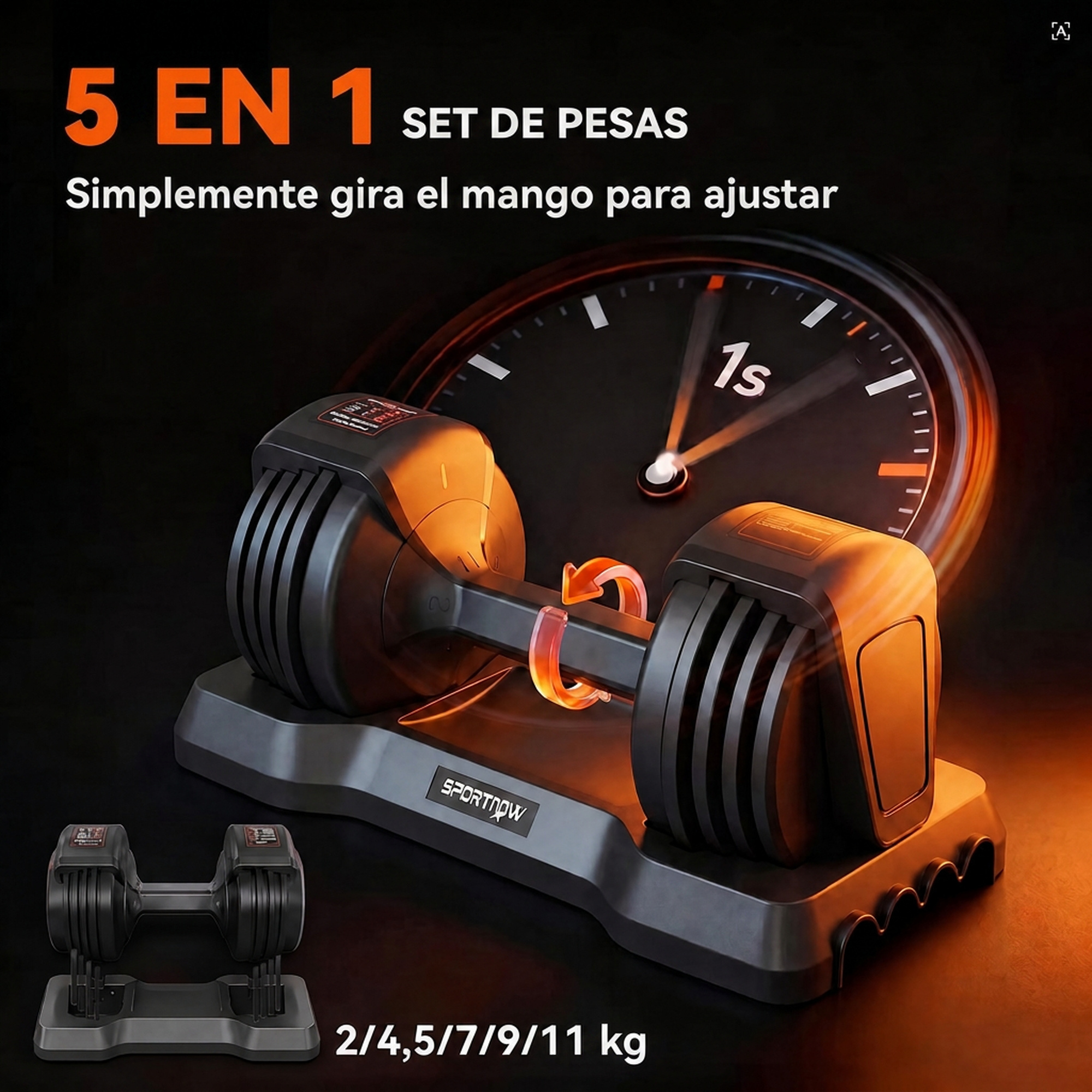 Mancuerna ajustable en un soporte con un reloj al fondo que muestra 1s.
