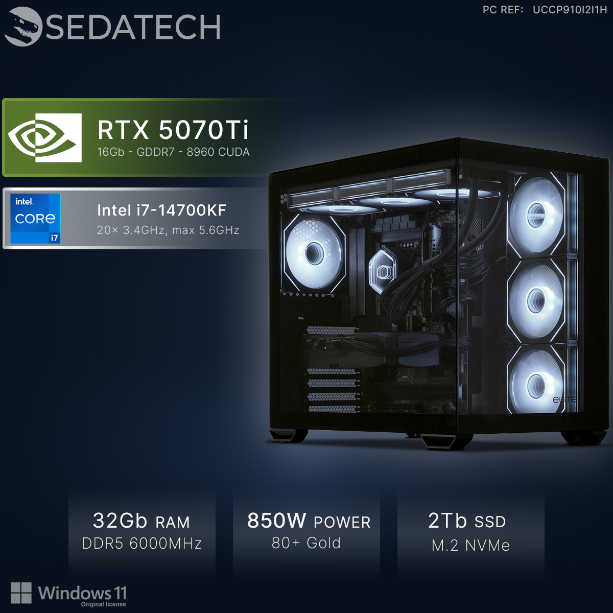 PC de juegos Sedatech con RTX 5070Ti, Intel i7-14700KF, 32GB RAM y ventiladores iluminados.