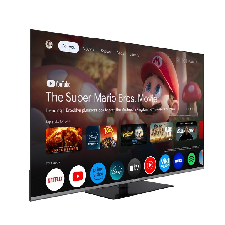 Smart TV affichant un menu de streaming avec le film Super Mario Bros. et des icônes d'applications.