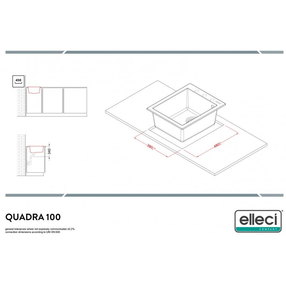 Disegno tecnico del lavello Quadra 100 con dimensioni e schemi di installazione.