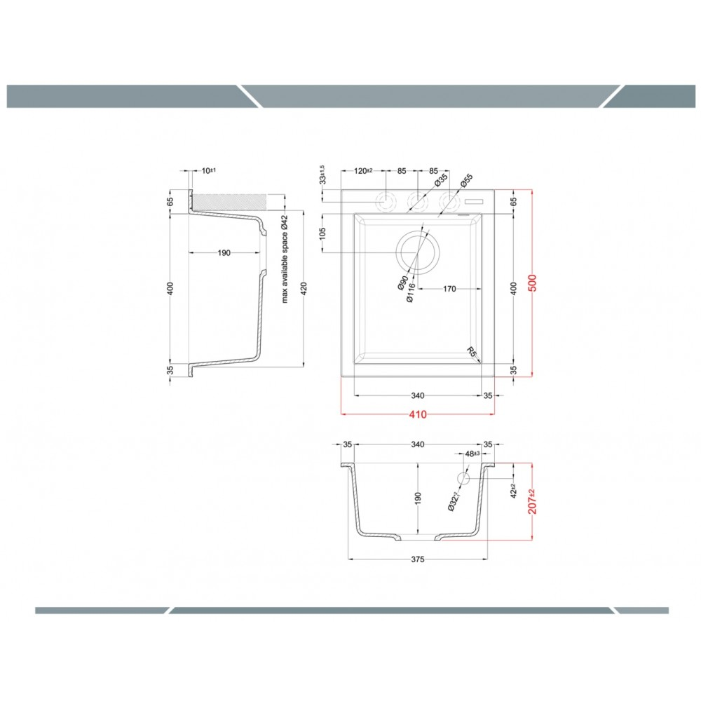 Disegno tecnico di un lavello da cucina con quote in millimetri da varie prospettive.