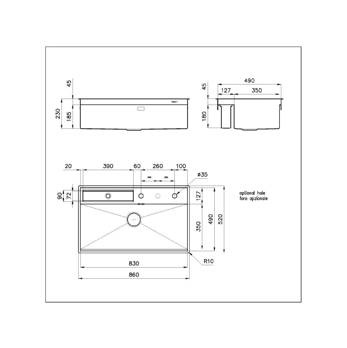 Disegno tecnico di un lavello da cucina rettangolare con misure e fori opzionali.