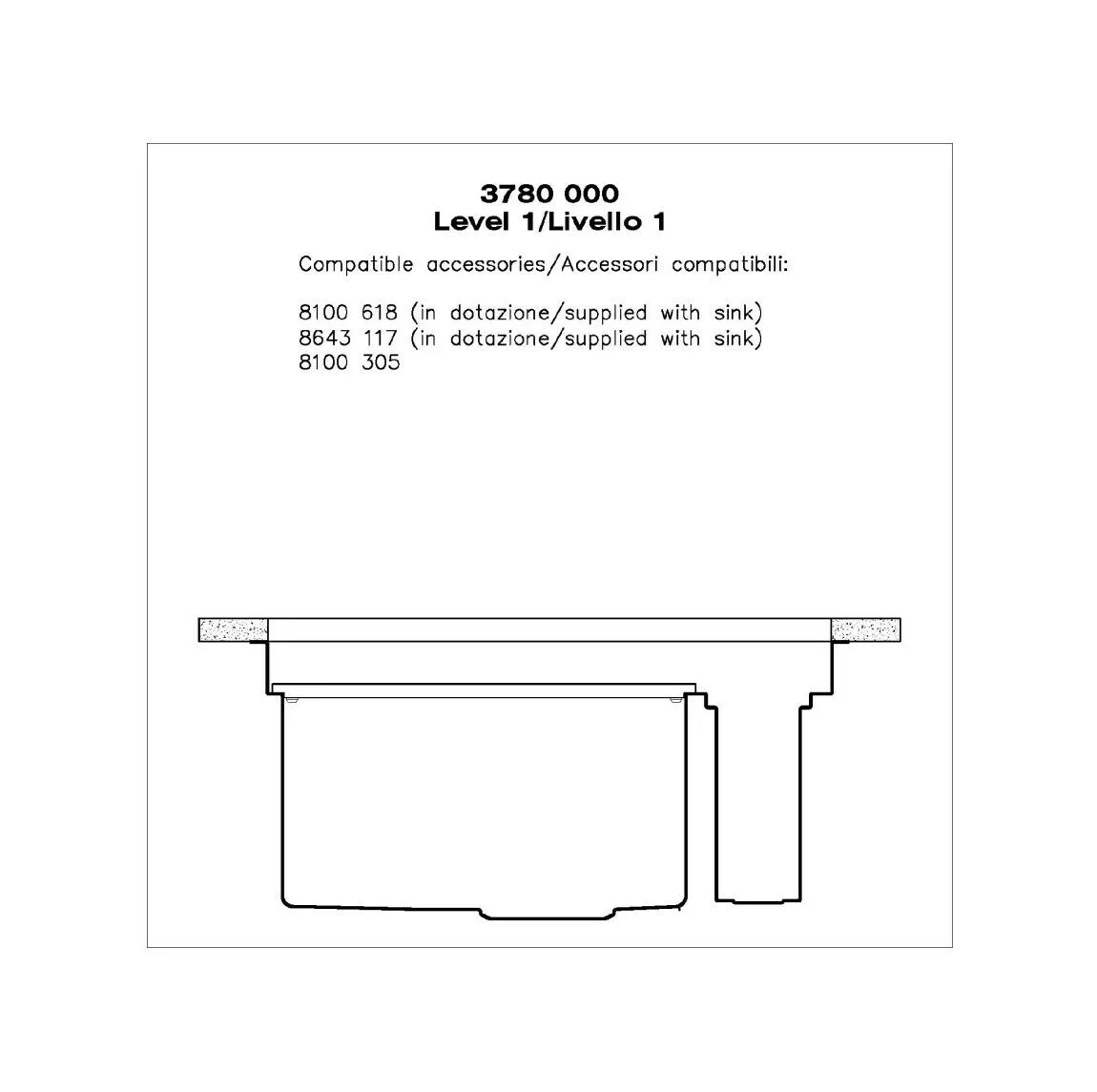 Disegno tecnico di un lavello con modello 3780 000 e accessori compatibili.