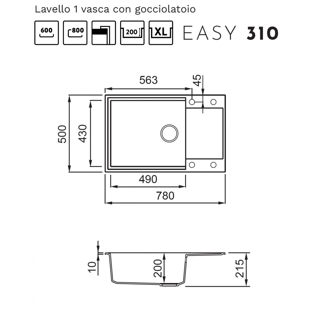 Disegno tecnico del lavello Easy 310 con quote e viste dall'alto e laterale.