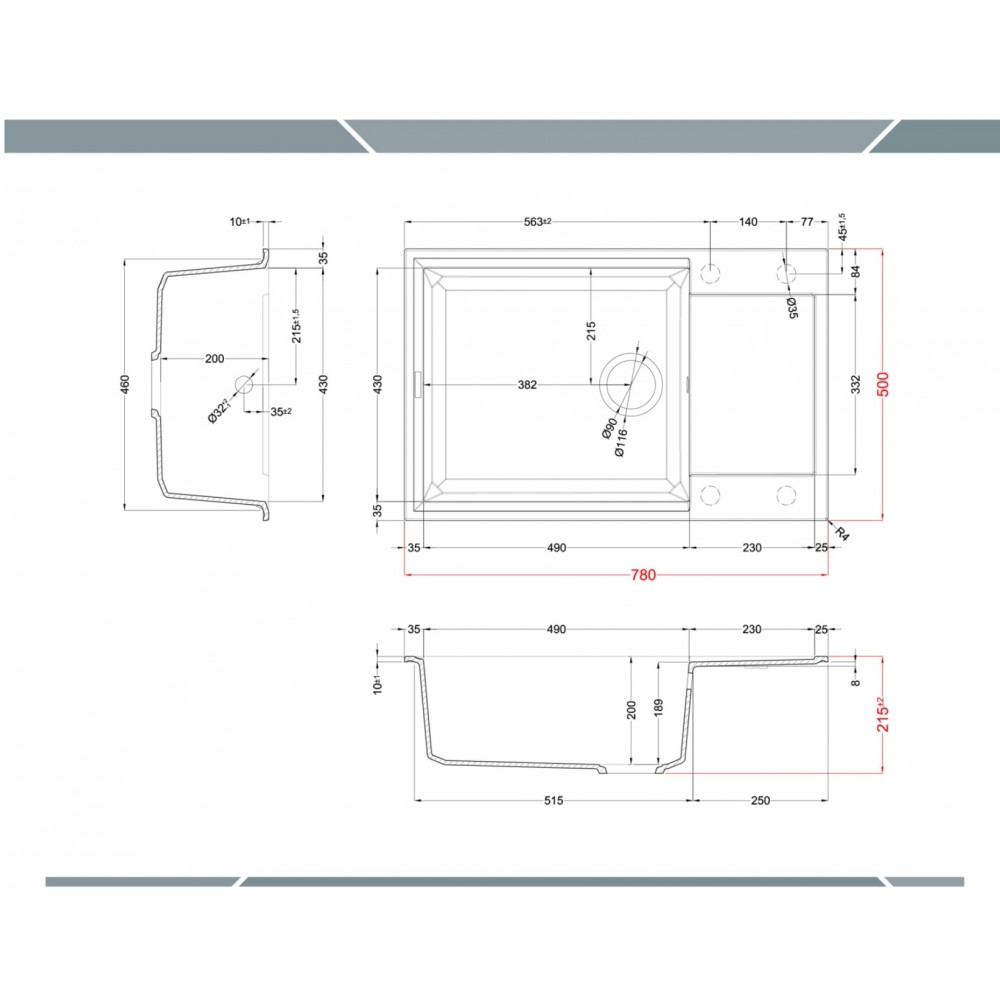 Disegno tecnico di un lavello da cucina con viste multiple e dimensioni.