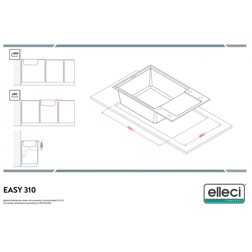 Disegno tecnico del lavello da cucina EASY 310 con dimensioni e dettagli.
