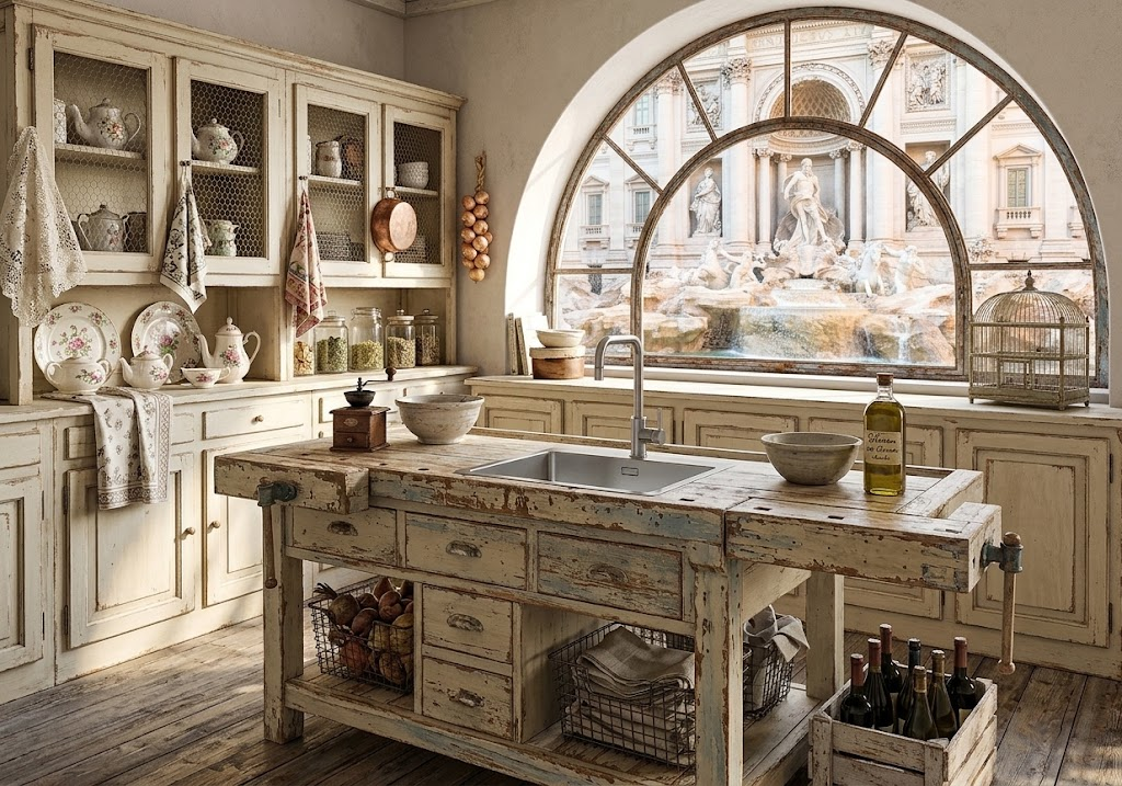 Una cucina rustica con isola in legno invecchiato e lavandino, circondata da mobili e con un'ampia finestra ad arco che incornicia la Fontana di Trevi.