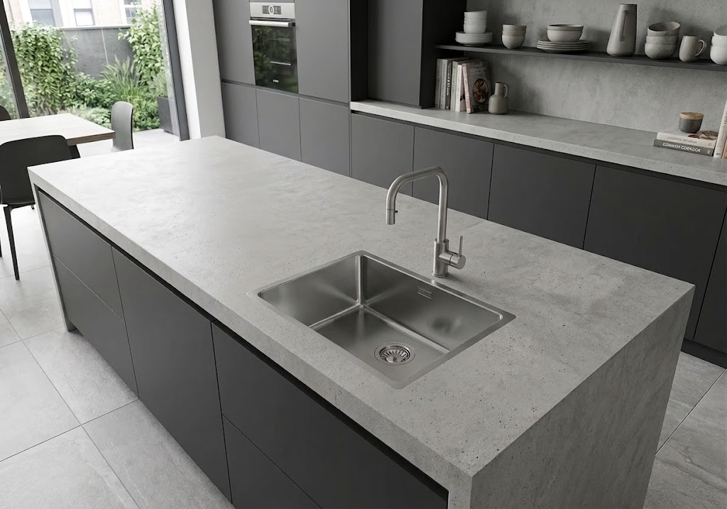 Cucina moderna con isola grigia, lavello in acciaio e scaffali sullo sfondo.