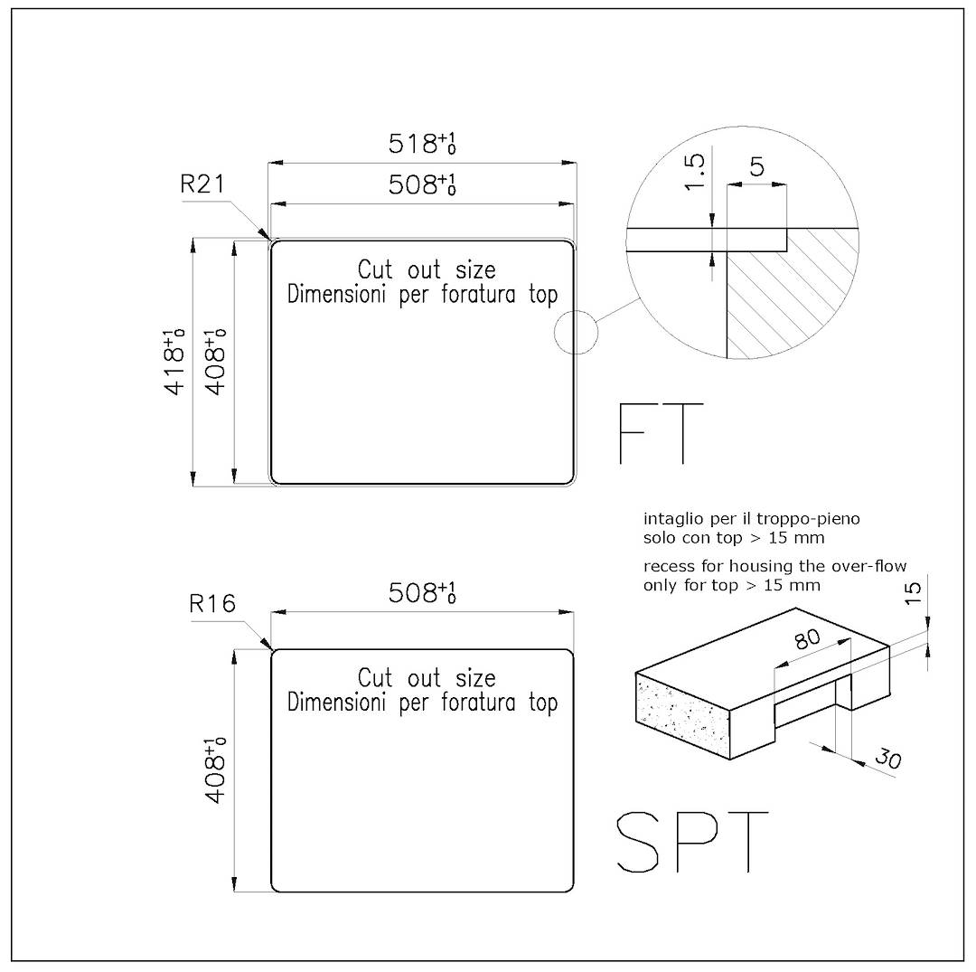 Disegno tecnico con dimensioni di taglio e viste di dettaglio per modelli FT e SPT.