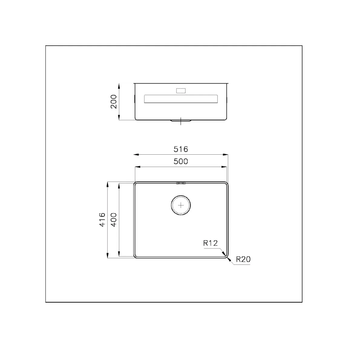 Disegno tecnico di un lavello da cucina con quote e viste.