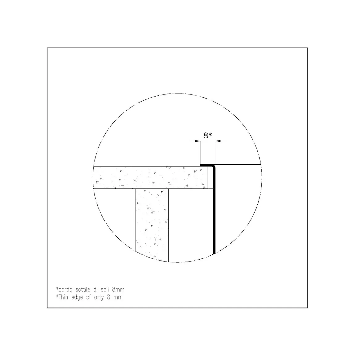 Disegno tecnico che mostra le misure per un bordo sottile di 8 mm.