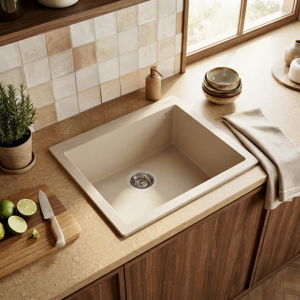Un lavello da cucina beige su un piano di lavoro con lime, un coltello e un asciugamano.