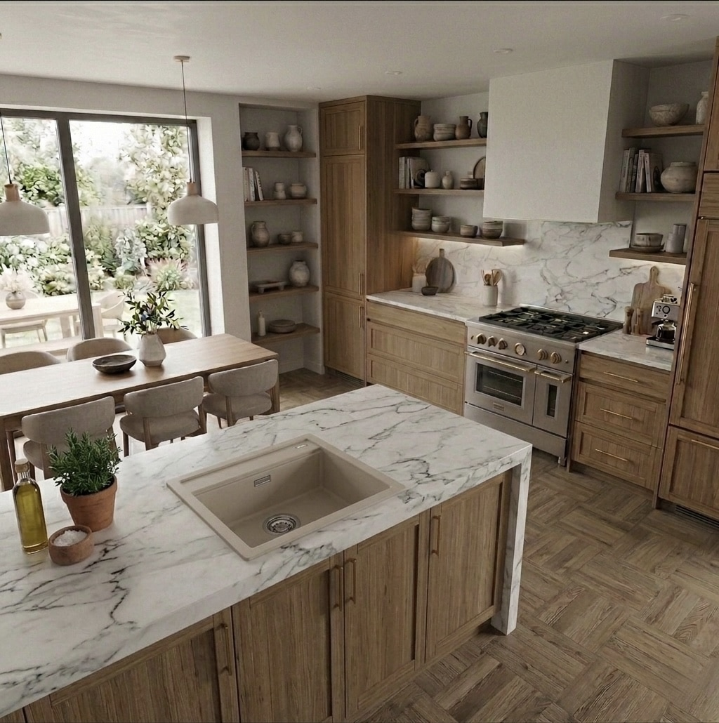 Una cucina moderna con mobili in legno, isola in marmo e tavolo da pranzo con vista sul giardino.