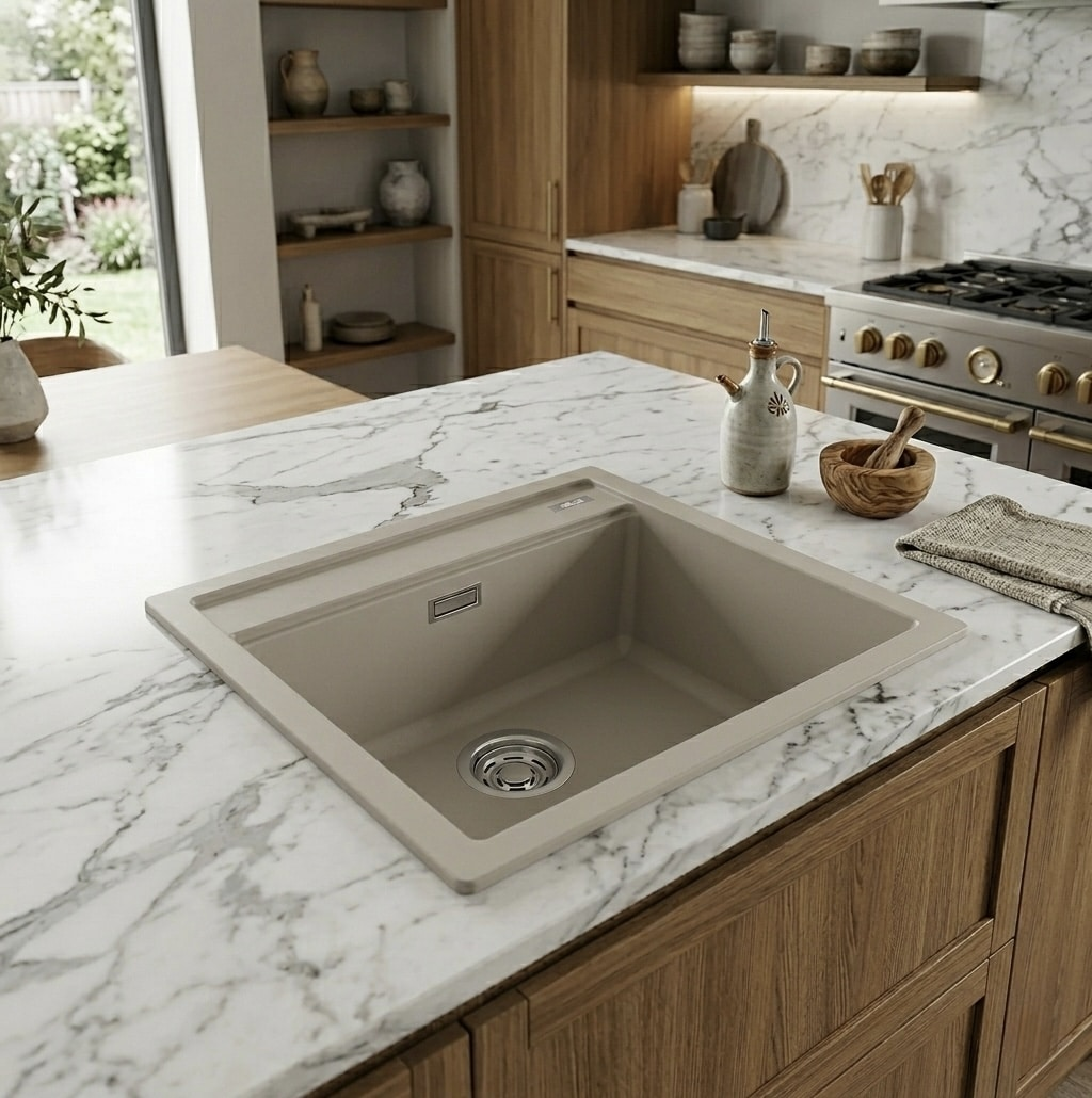 Lavello da cucina beige incassato in un piano di lavoro in marmo bianco con mobili in legno.