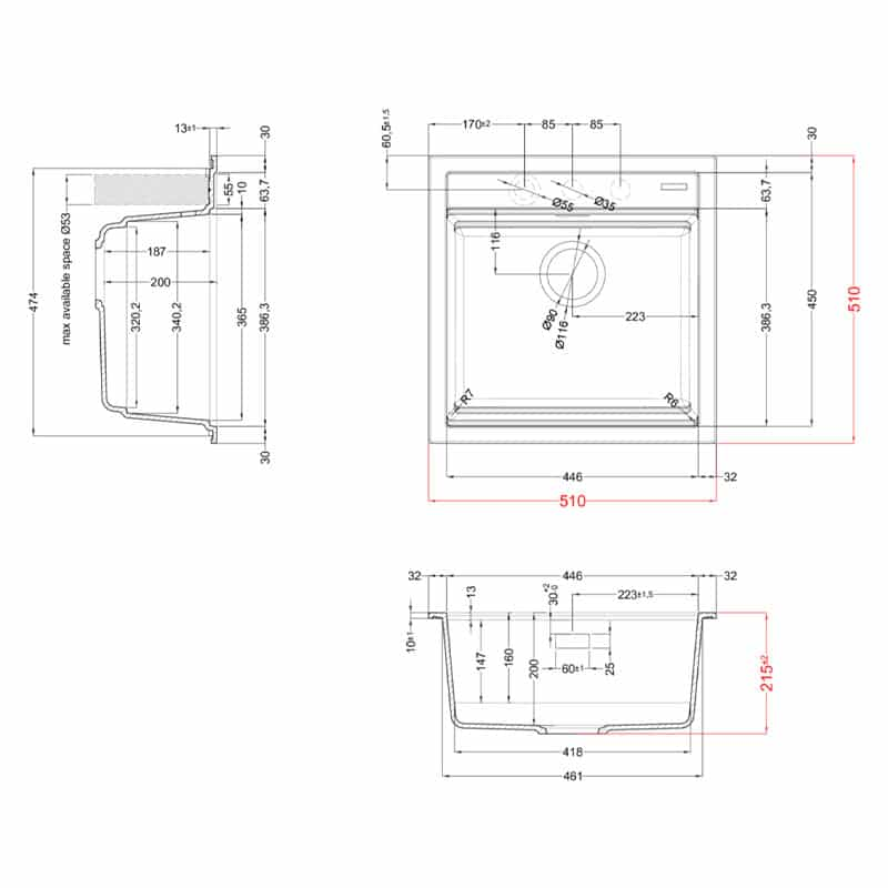 Disegno tecnico di un lavello quadrato con quote da tre angolazioni.