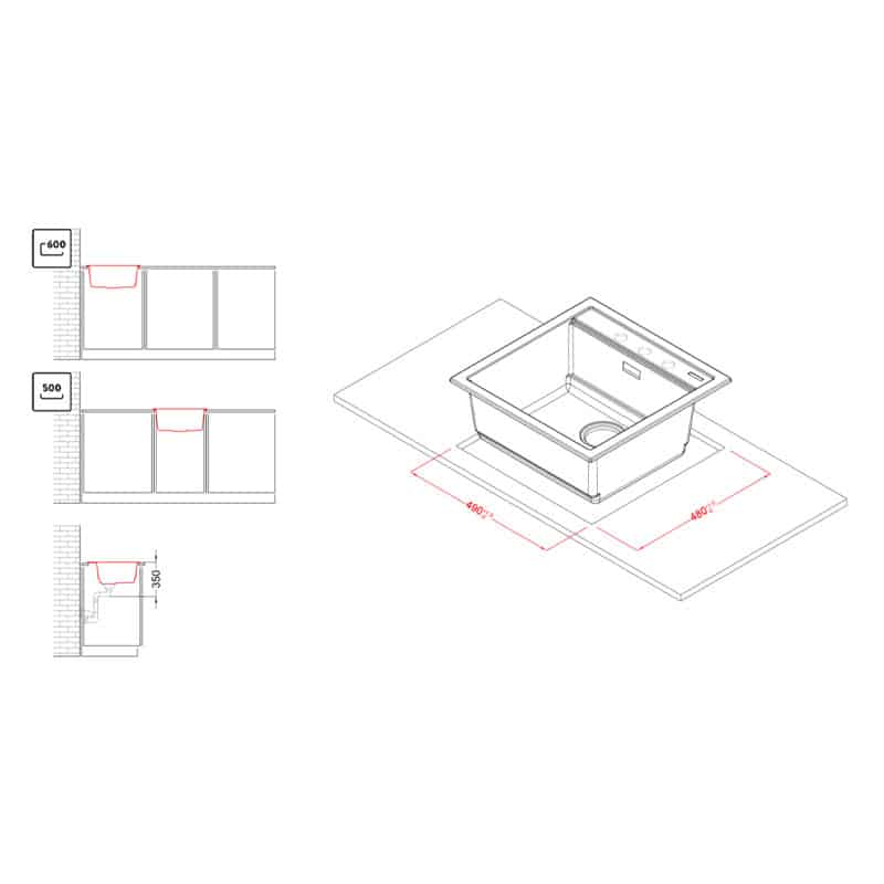 Disegno tecnico di un lavello da cucina con misure ed esempi di installazione.