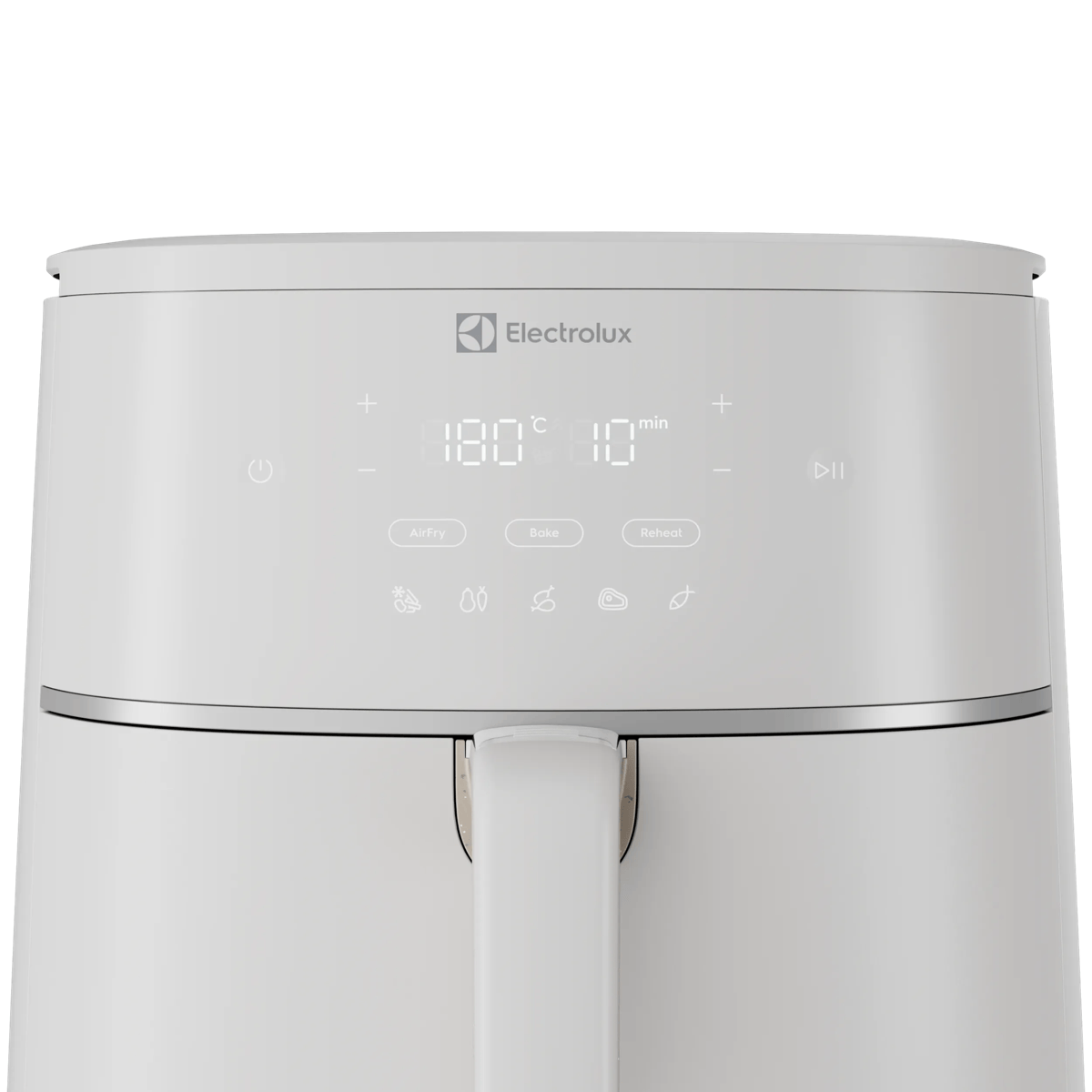 Parte superior de una freidora de aire Electrolux gris con pantalla digital y panel táctil.