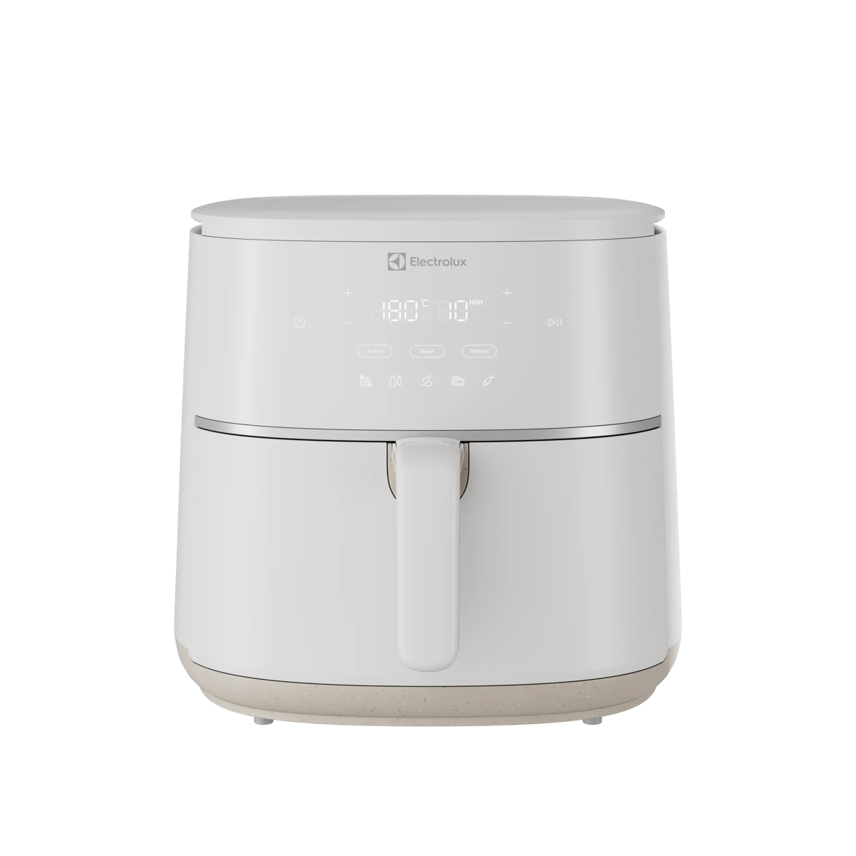Una freidora de aire Electrolux blanca con pantalla digital y asa sobre fondo blanco.