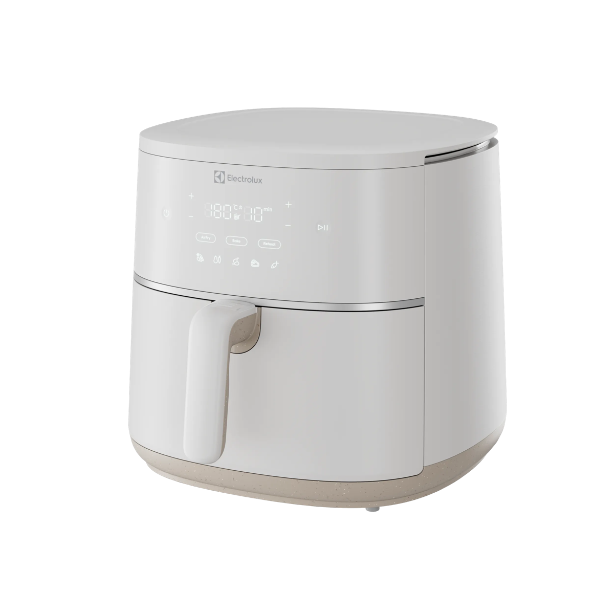 Una freidora de aire Electrolux blanca con pantalla digital, asa y base moteada sobre fondo negro.