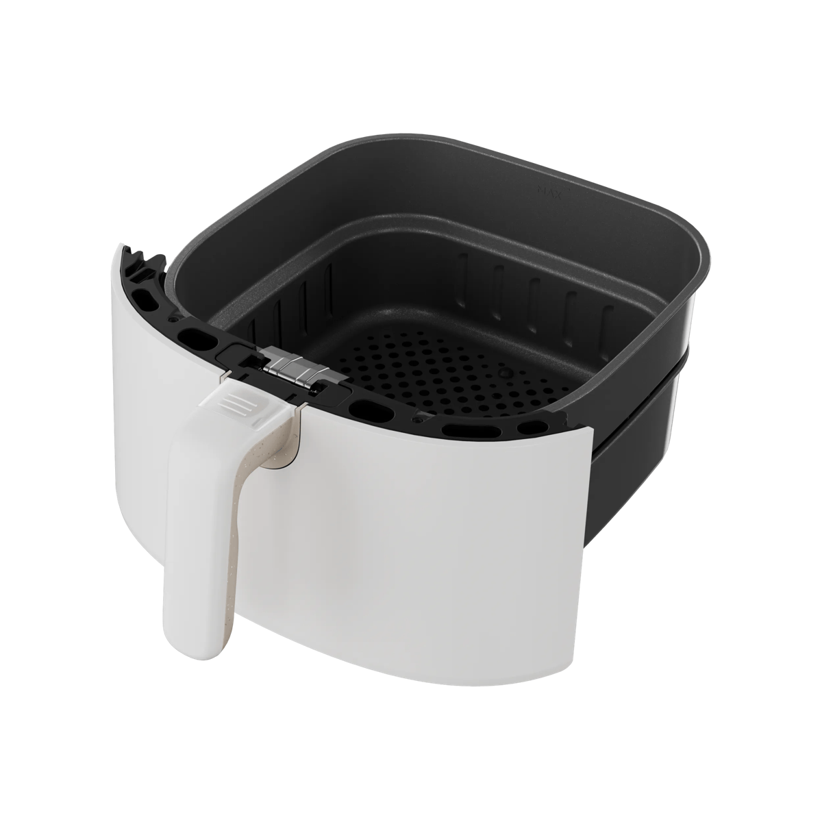 Cesta blanca vacía de freidora de aire con interior negro y fondo perforado sobre fondo blanco.