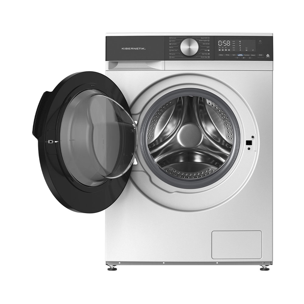 Un lave-linge hublot blanc Kibernetik avec porte ouverte et panneau de commande noir.