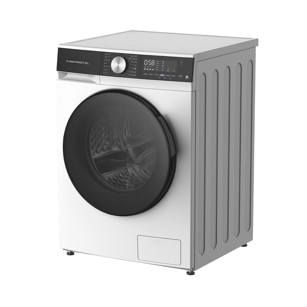Lave-linge moderne blanc et noir avec écran numérique et molette sur fond blanc.