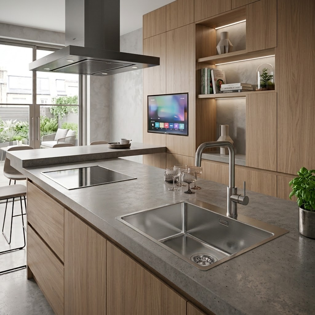 Moderna cucina in legno con piano di lavoro in cemento, lavello, cappa aspirante e schermo a muro integrato.