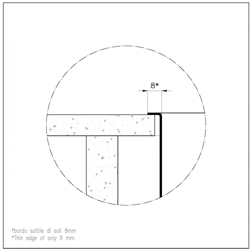 Disegno tecnico dettagliato con un bordo sottile di 8 mm e annotazioni.