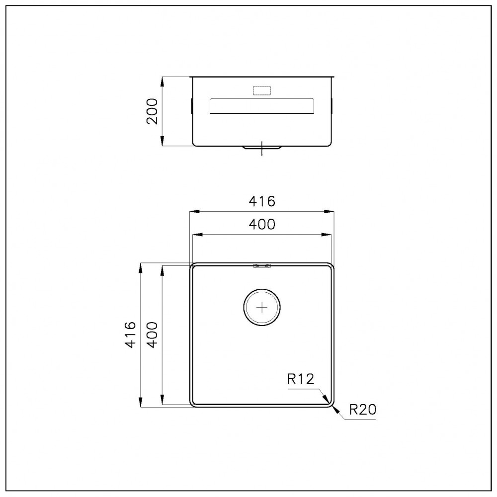 Disegno tecnico di un lavello con dimensioni e raggi in millimetri.