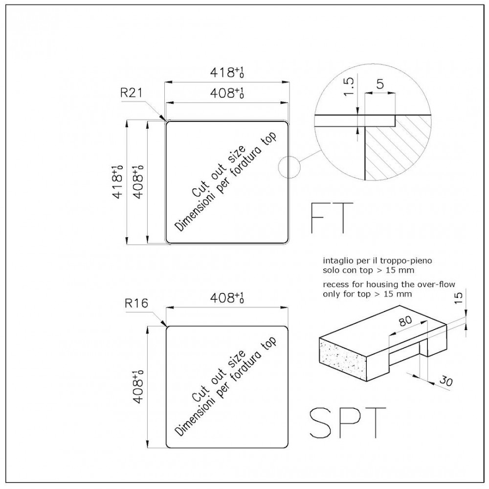 Disegno tecnico delle dimensioni di taglio e dettagli di fresatura.