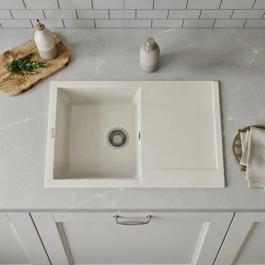 Un lavello da cucina bianco con scolapiatti su un piano di marmo grigio, circondato da decorazioni.