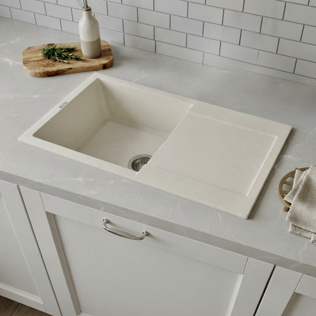 Un lavandino bianco su piano in marmo con tagliere, rosmarino, bottiglia e panno.