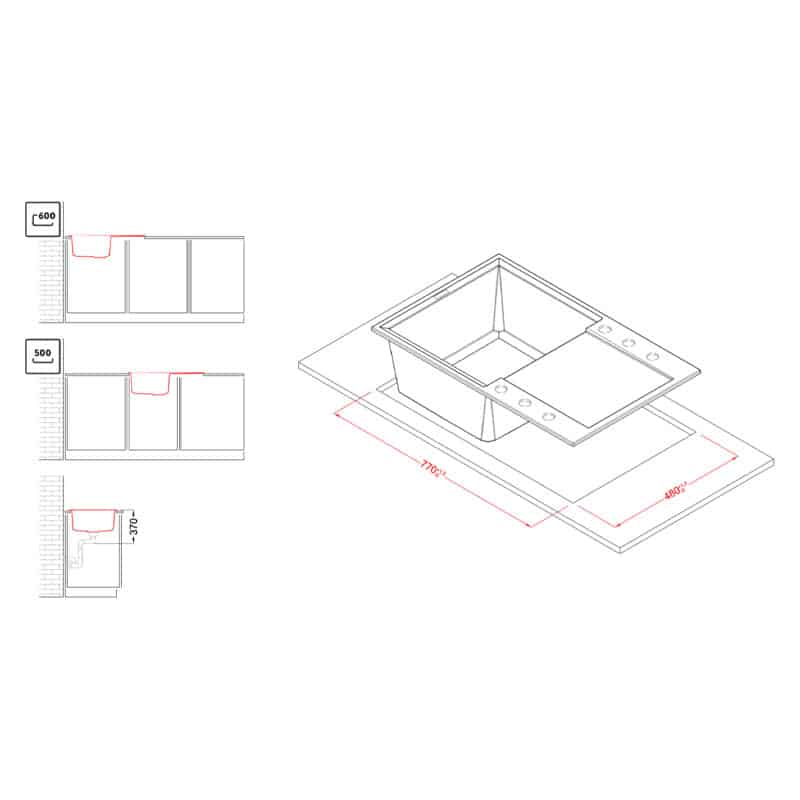 Disegno tecnico di un lavello da cucina con dimensioni ed esempi di installazione.