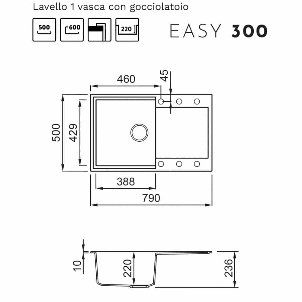 Disegno tecnico del lavello Easy 300 con dimensioni per viste dall'alto e laterali.