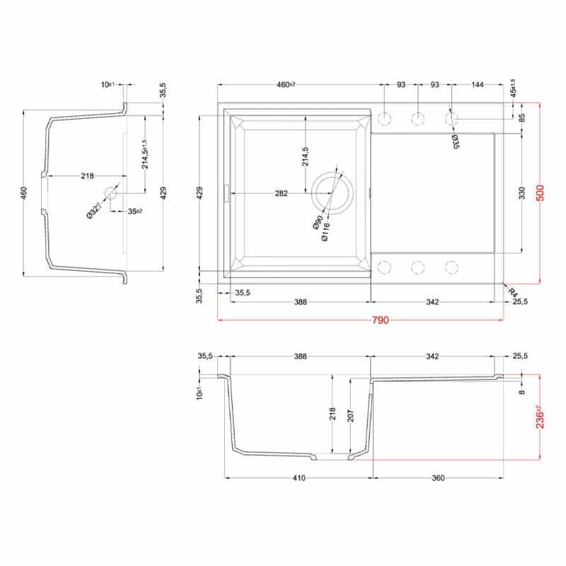 Disegno tecnico di un lavello da cucina con quote in millimetri da varie prospettive.