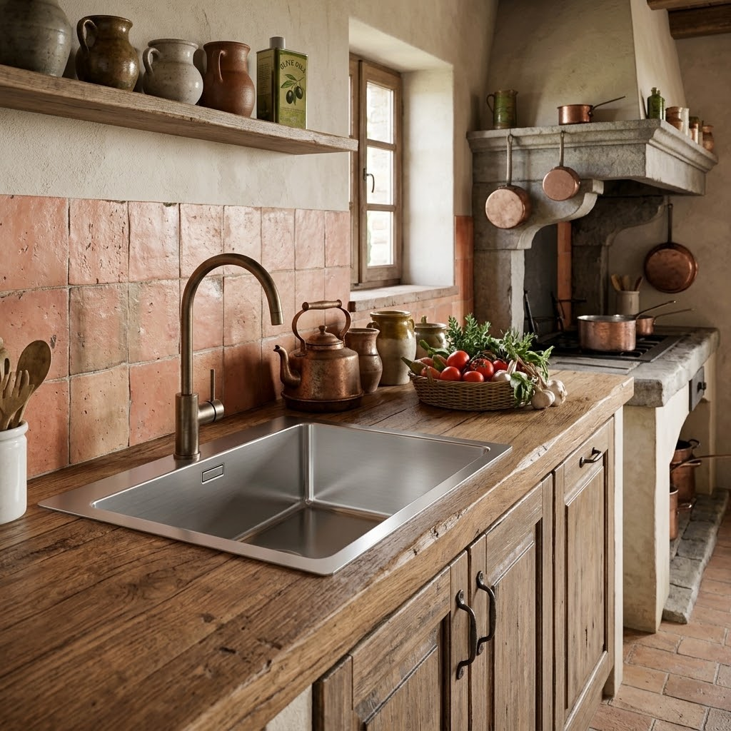 Cucina rustica con lavello, bancone in legno, piastrelle rosa e camino.